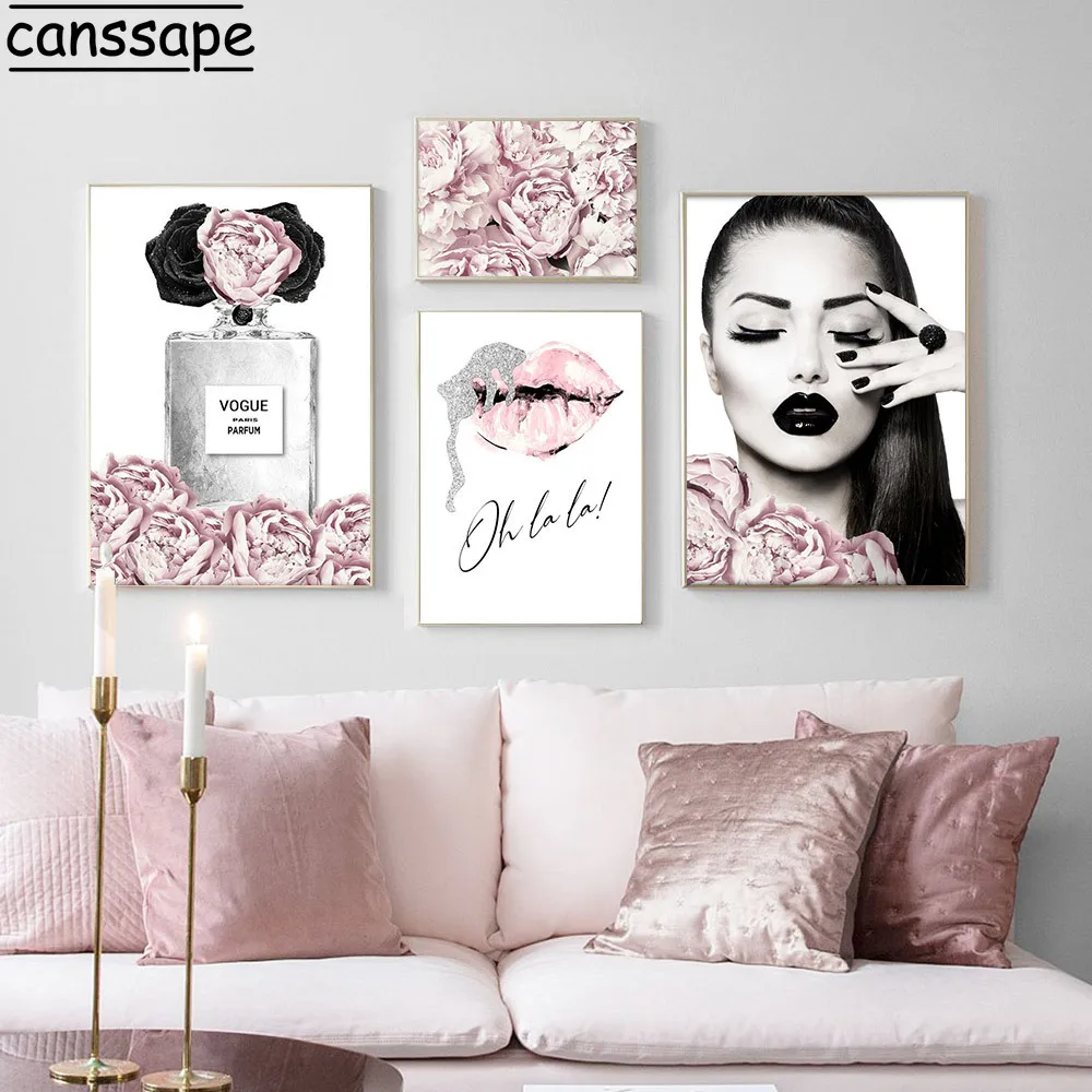 Parfum Pery Plagát Módne Plátno Na Maľovanie Ružové Kvety Wall Art Make-Up Plagáty Paríž Žena Obrazov Na Stenu Pre Obývacia Izba Dekor
