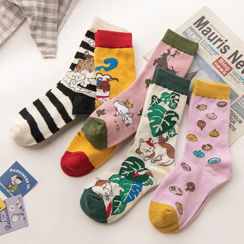 PEONFLY Nové 2020 Jeseň Cartoon Ponožky Ženy Cute Cat kórejský Štýl Kawaii Zábavnej Happy Socks Harajuku Bavlna Calcetines Mujer