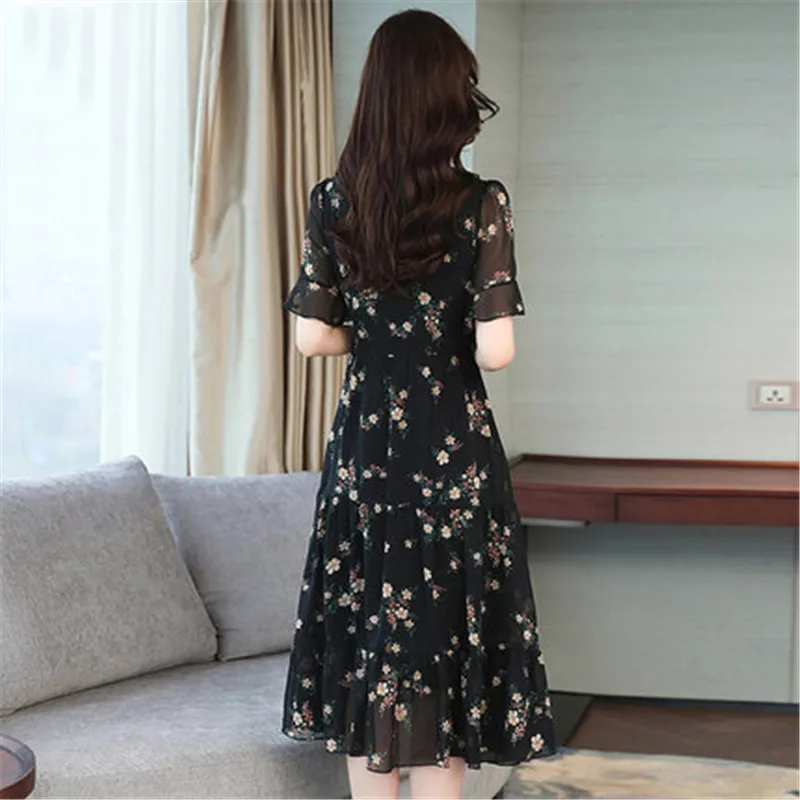 Plus Veľkosť 5XL 2019 kórejský Vintage Boho Midi Šaty Letné Čierne Kvetované Šifón Sundress Elegantné Ženy Krátky Rukáv Strany Vestidos