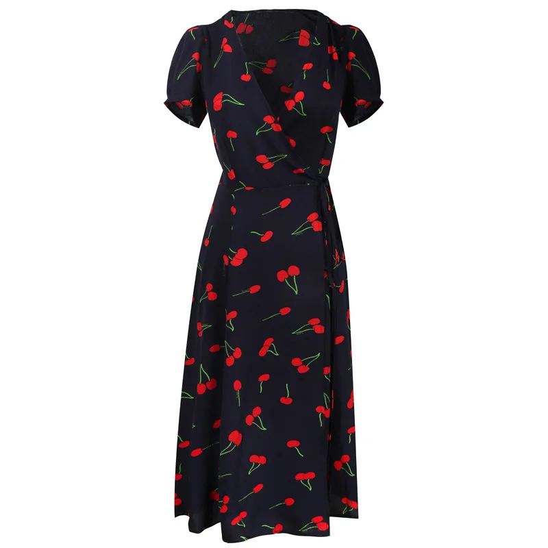 Plus Veľkosť Ženy Šaty Cherry Tlač Krátky Rukáv Vintage francúzskej Šaty tvaru Midi Šifón Šaty Letné Šaty Vestidos 2020 S-4XL