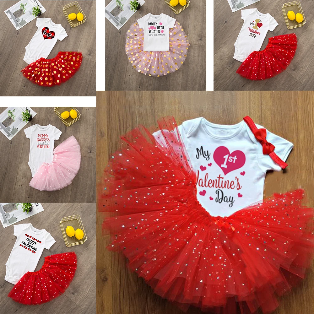 Prvý Deň svätého Valentína Baby Girl Tutu Nastaviť Oblečenie, Detská 1. Valentines Day Krásne Romper+Roztomilý Tylu Tutu Sukne Rodinnú oslavu Nosenie