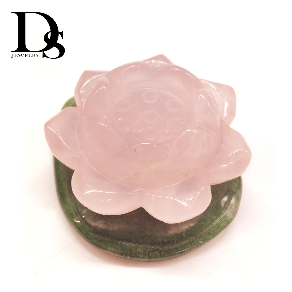 Prírodné Vyrezávané Rose Quartz Lotus Crystal Roztomilý Kvet So Zeleným Aventurine Leaf Budhizmus Mních Charms