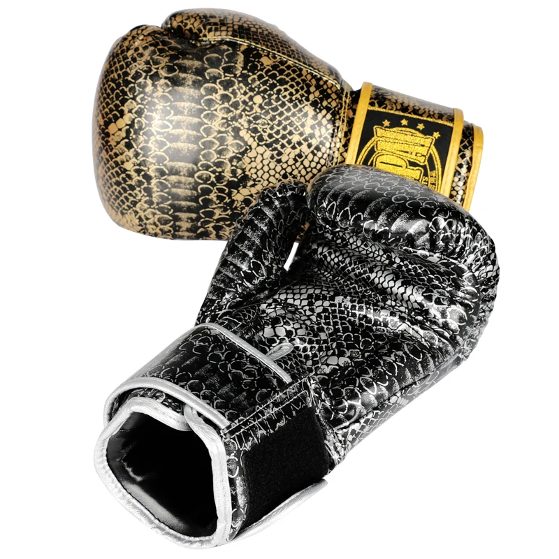 PU Kožené Boxerské Rukavice Zlato/Striebro 6OZ 8 OZ 10OZ 12 OZ Dospelých Dieťa Python Boxovacie Vrece Viper Vzor Boxeo Rukavice Punč Fitness