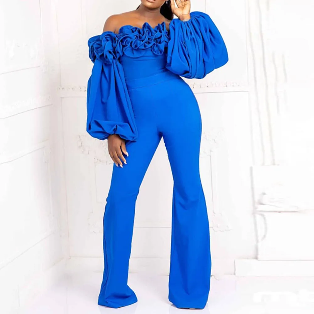 Pád Oblečenie Pre Ženy 2020 Móde Hot Sexy Modré Mimo Ramenný Skladaný Lístkového Dlhý Rukáv Jeden Kus Oblečenia Jumpsuit Remienky Strany