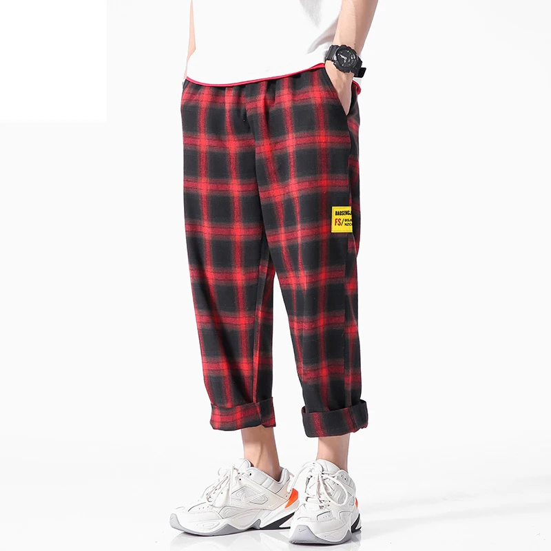 Pánske Joggers Kockované Nohavice Muž Čierna Bavlna Pohodlné Nohavice Letné Bežné Streetwear Voľné Nohavíc Japonský Módny Sweatpants