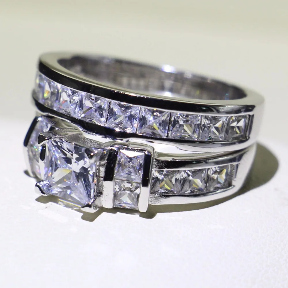 Pár Krúžky Šumivé Luxusné Šperky 925 Sterling Silver Princezná Rez 5A Zirconia Sľub Strany Žien Svadobné Svadobné Prsteň