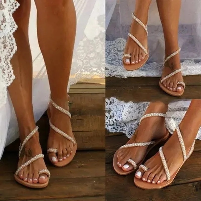 Rimocy 2020 Lete Dámy Ploché Sandále Boho Pearl Dekorácie Sandále Ženy Plus Veľkosť Guľôčky Popruh Pláži Topánky Žena Byty