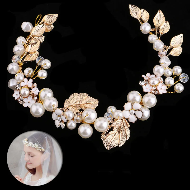 Romantický Zlaté Lístie Pearl Flower Hairband Headpiece Nevesta hlavový most Svadobné Vlasové Ozdoby Headdress Darček Pre Ženy, Dievčatá BH