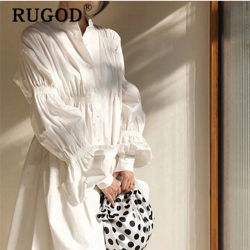 RUGOD 2020 kórejskej Ženy Jeseň Biely Skladaný Tričko Šaty Dlhé Svietidla Rukáv Plus Veľkosť Lady Voľné Midi Strany Klubu Šaty