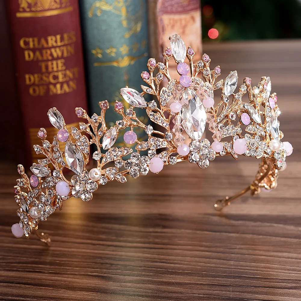 Ručné Gold Crystal Ružová Princezná Nevesta Tiara Koruny Na Svadbu Ženy Nevestu Šperky, Vlasy, Doplnky, Ozdoby