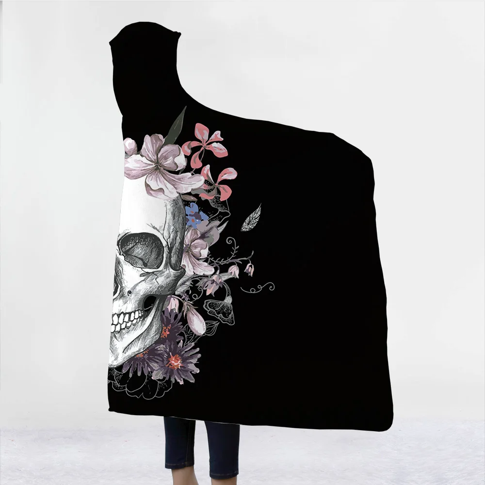 S úsmevom Taro Lebky Obklopená Kvetmi 3D Vytlačené Plyšové Kapucňou Deka pre Dospelých Dieťa v Teple Nositeľné Fleece Hodiť Prikrývky