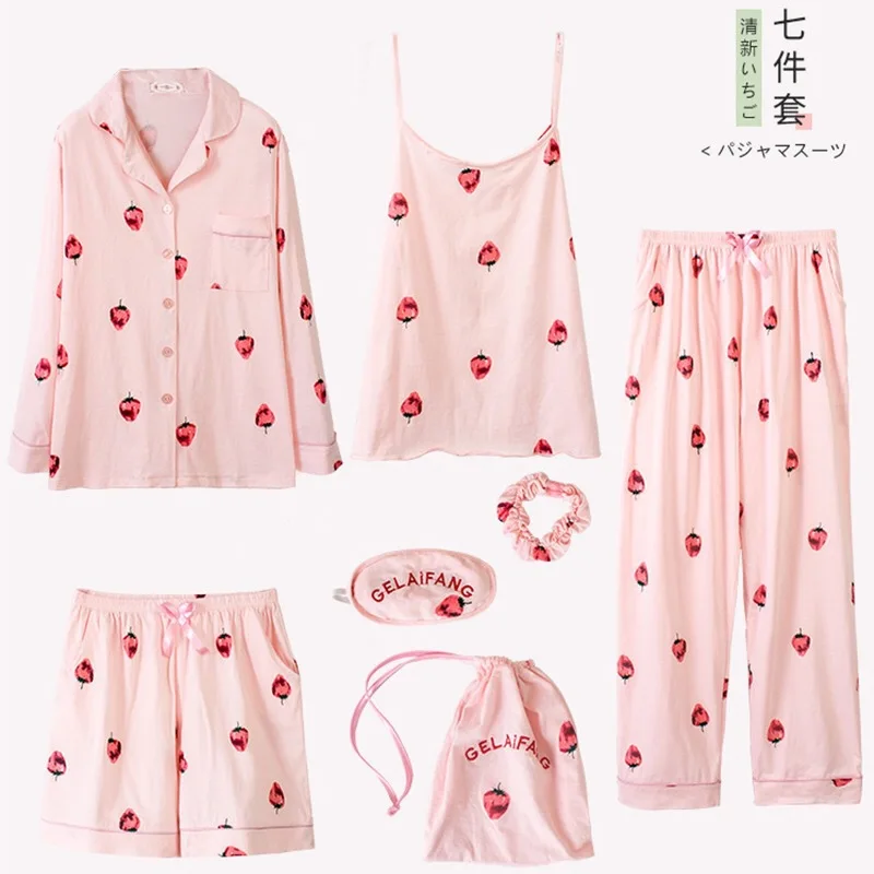 Samwestart 2020 Iny Jeseň Jahoda Sedem-kus ružové dámske Pyžamo Sladké a Roztomilé Long Sleeve Domov nosiť Nastaviť pj nastavenie