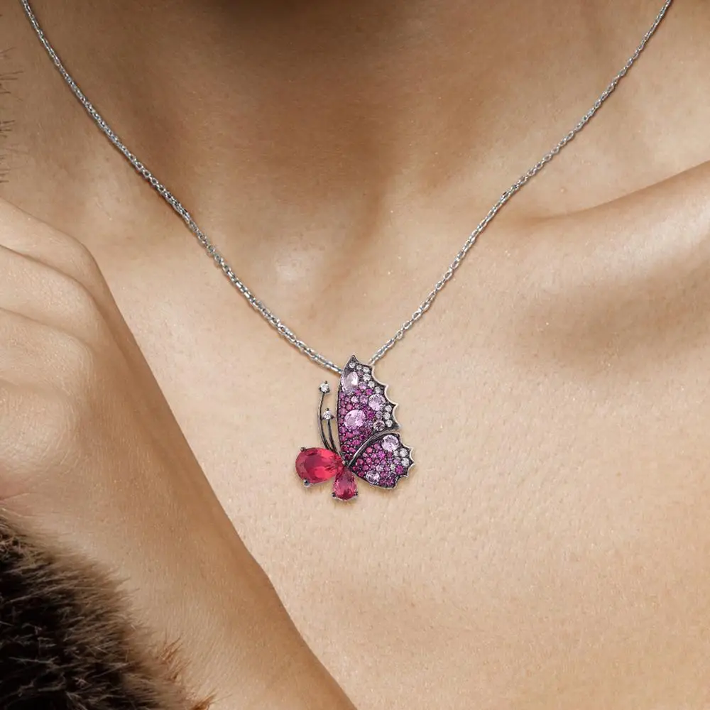 SANTUZZA Strieborný Prívesok Pre Ženy Čistý 925 Sterling Silver Jemná Ružová Motýľ Vytvorené Ruby, Sapphire Trendy Jemné Šperky