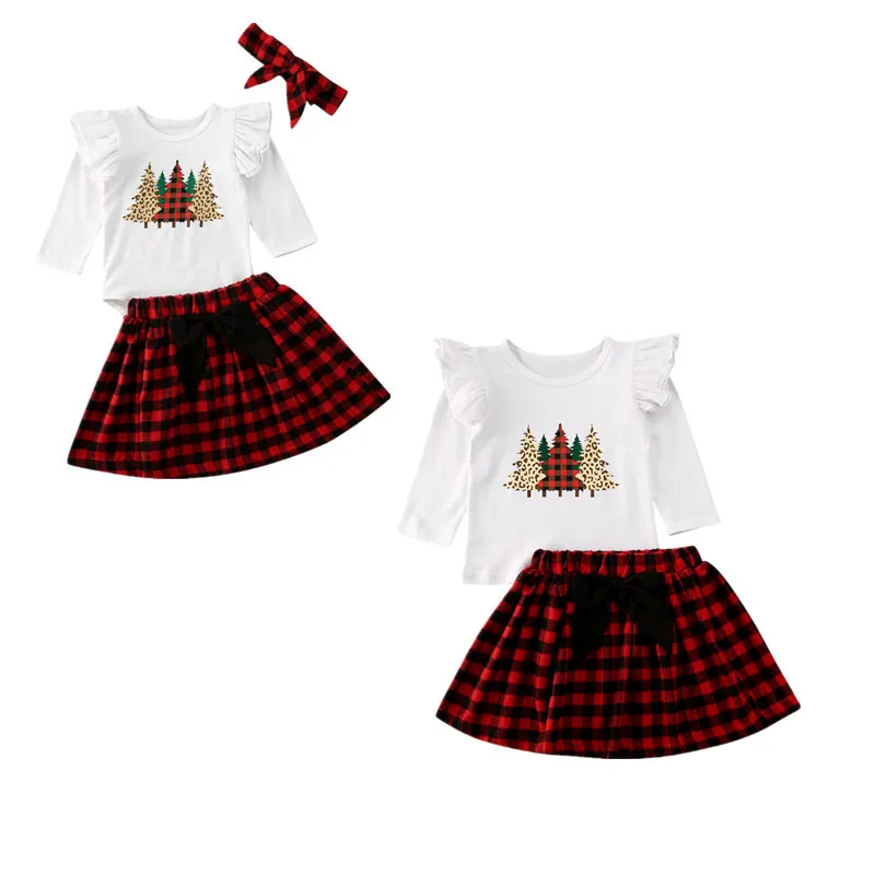 Sestra Vianočné Oblečenie Vianoce Deti Baby Girl Šaty Vianočného Stromu Dlhý Rukáv Kombinézu Topy+Plaids Sukne Oblečenie Set