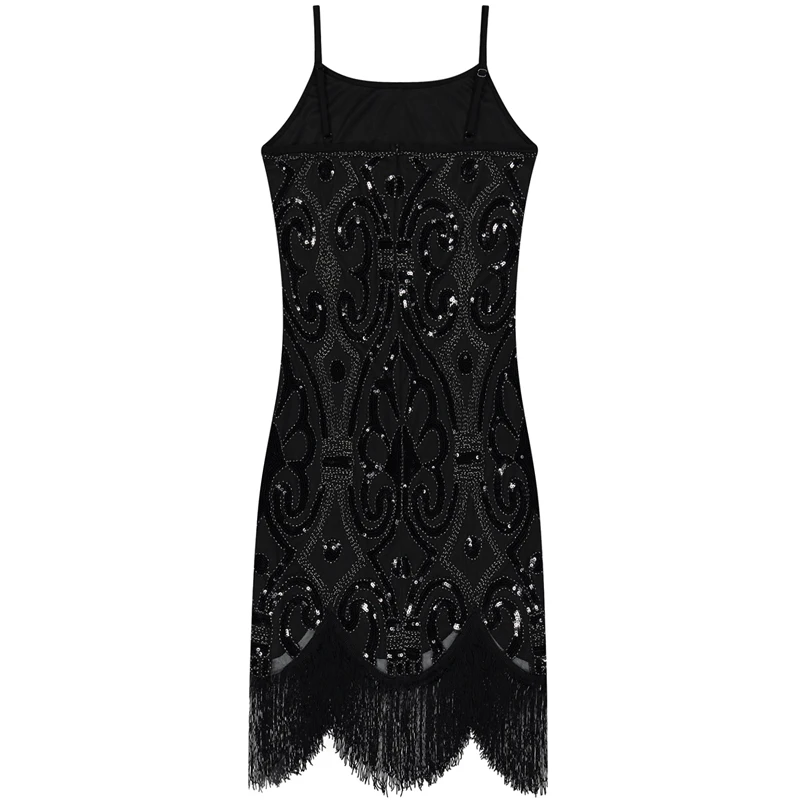 Sexy Čierna Sequin Fringe Cami Šaty Vintage Paisley Korálkové Bez Rukávov Veľký Gatsby Krídlovky Šaty Žien Malé Čierne Šaty