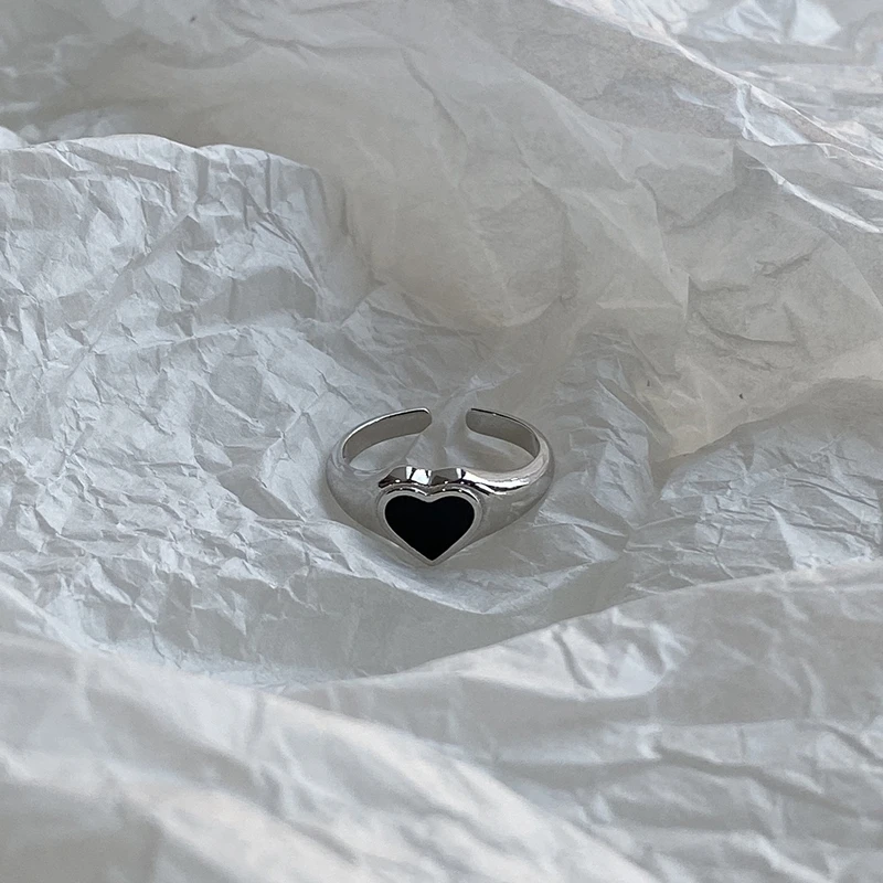 Silvology 925 Sterling Silver Black Srdce Krúžky Vintage Urobiť Staré Elegantný Minimalistický Otvoriť Prstene pre Ženy Festival Šperky Darček
