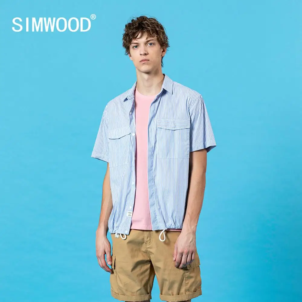SIMWOOD 2020 letné nový krátky rukáv pruhovanom voľné košele hrudníka vrecku šnúrkou lem muži móda plus veľkosť tričko SJ170363