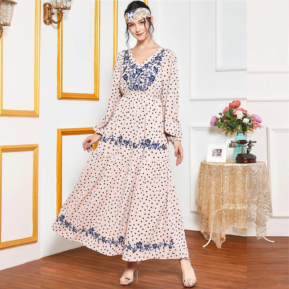 Siskakia Polka Dot Výšivky Dlhé Šaty Ružové V Krku Celý Rukáv Maxi Šaty Jeseň 2020 Ríše Swing Moslimských Arabský Odev Nové