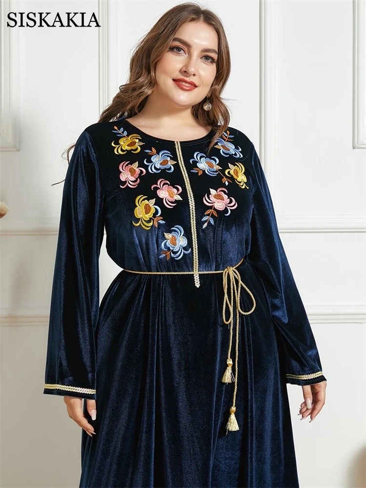 Siskakia Velvet Výšivky Maxi Šaty pre Ženy, Jeseň Zima 2020 Plus Veľkosť O Krk Dlhý Rukáv arabské Moslimské Turecko Oblečenie Navy