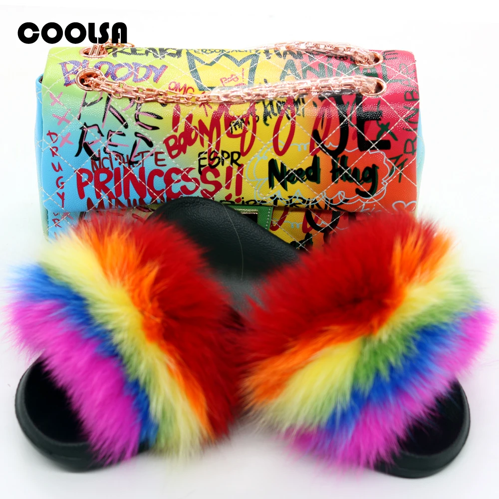 Skutočné Fox Kožušiny Papuče Rainbow Jelly Tašky Nastaviť Ženy Kožušiny Listov Nadýchanou Kožušinkou Flip Flops Graffiti Kabelka Móda Cestovanie Chlpaté Topánky