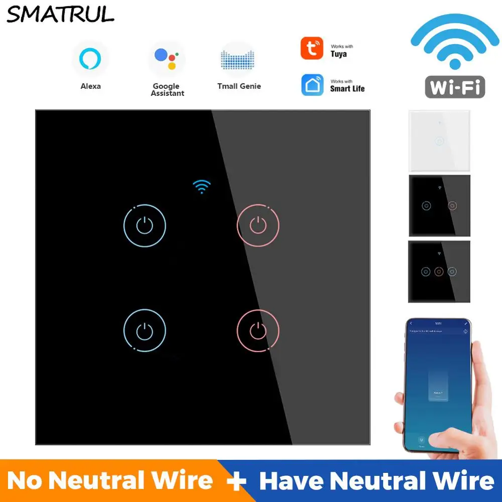 SMATRUL Tuya Smart Touch WiFi vypínač Svetla APP Č Neutrálny Vodič Vyžaduje 2 V 1 1/2/3/4 Gang EÚ Sklo Domovská stránka Google Alexa 220V