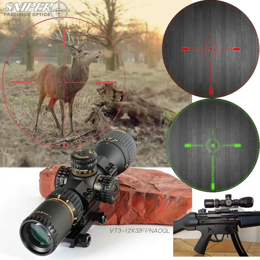 SNIPER VT 3-12X32 FFP Lov Compact Optical Pohľad Taktické Riflescope Leptané Sklo Reticle Červená Zelená llluminate lov optika