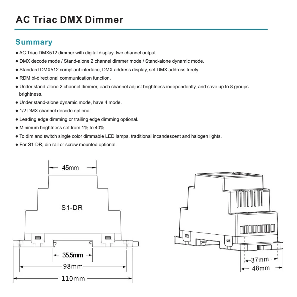 Stmievače LED 220V AC DMX512 Triac Dimmer Prepínač 230V 110V 120V 240V Dual Channel Stmievateľné DMX Regulátor DIN lištu Žiarovka S1-DR