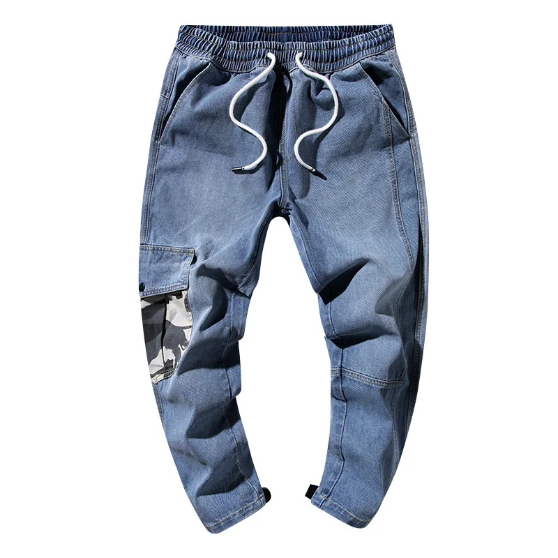 Streetwear Módy Mužov Jeans Modrá Farba Patch Kamufláž Vrecku Denim Cargo Nohavice Parafínový Spodnej Pozdĺžne Hip Hop Joggers Džínsy Mužov