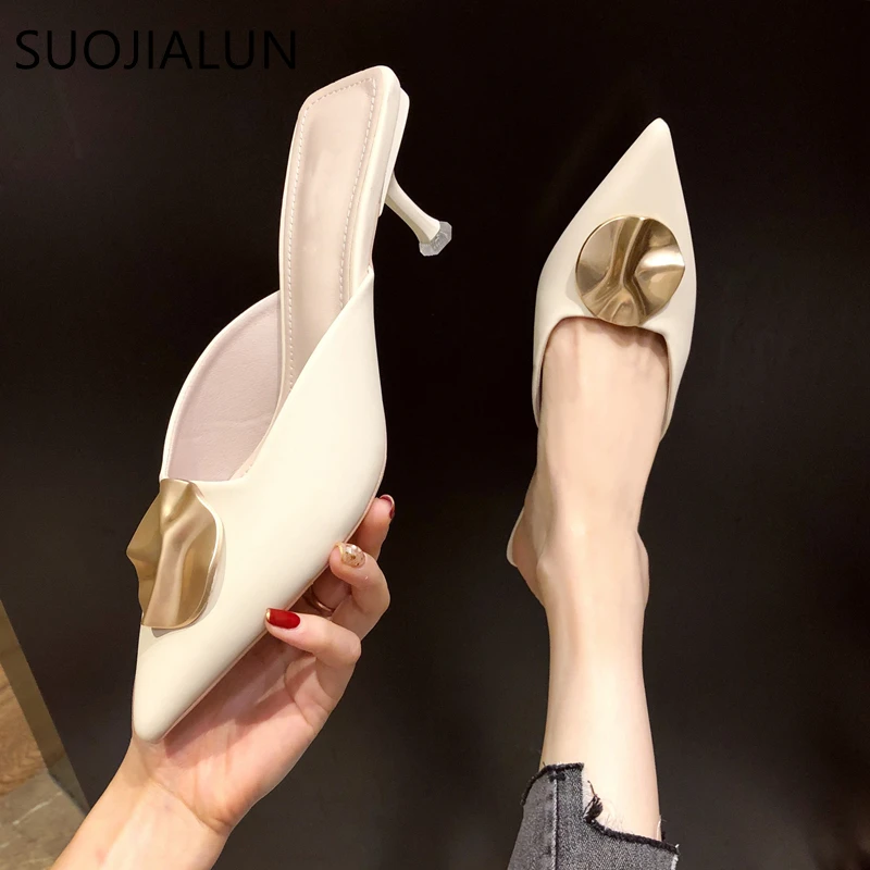 SUOJIALUN 2020 Značky Dizajnér Ženy Papuče Ukázal Prst Pošmyknúť Na Tkaných Tenké Vysokým Podpätkom Listov British Kovové Pracky Šaty Sandál