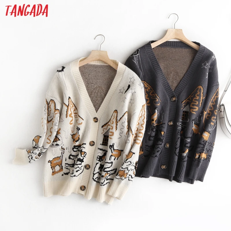 Tangada 2020 jeseň zima ženy zábavné vytlačiť cardigan vintage jumper pani móda nadrozmerné pletený sveter kabát 1M11