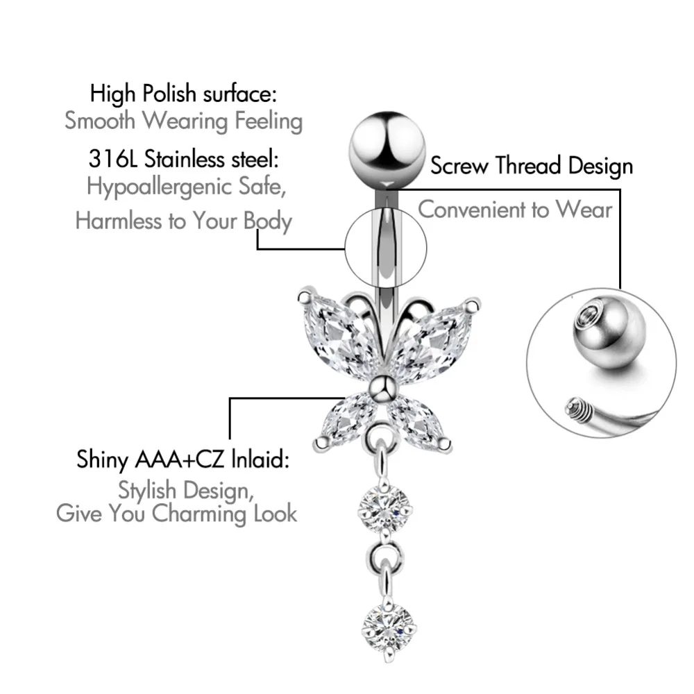 TELO PUNK Luxusné Značky Módne Šperky Telo Striebornej Farbe S Drahokamu Motýľ Tvar Piercing pupku Prstene Pre Ženy