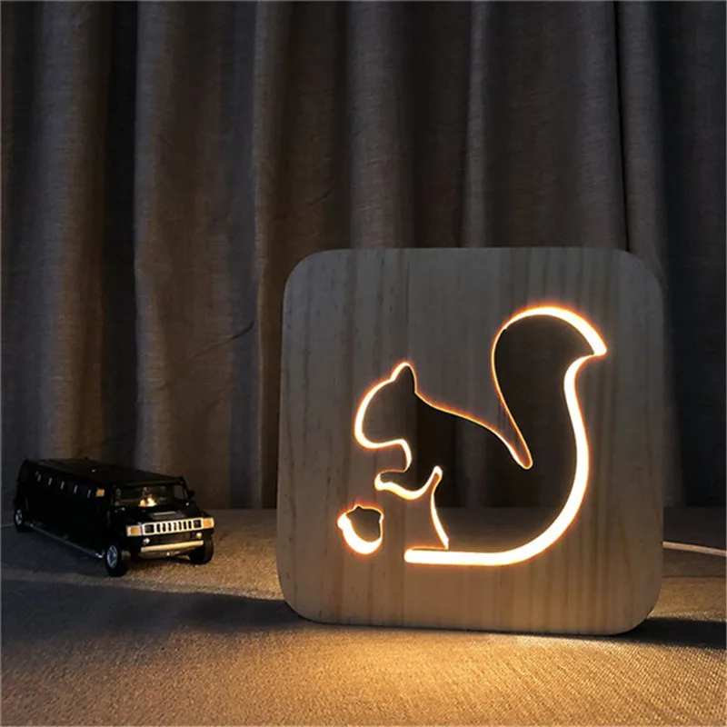 Teplá Biela 3D Veverička Drevené DIY Nočné Svetlo Krásne Strany Dieťa Stôl, stolná Lampa LED Osvetlenie Darček USB Dekor Narodeniny Jedinečný Dar