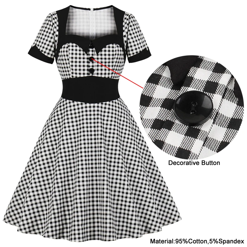 Tonval Rockabilly 50. Gingham Milú Krku Ženy Retro Šaty Tlačidlo Dopredu 95% Bavlna Vintage Vysoký Pás Kockované Šaty