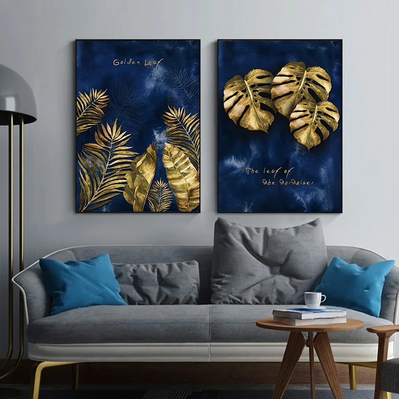 Tropická Rastlina Listy Modrá Abstraktné Plátno Umenie, Maliarstvo, Tlače, Plagát, Obraz Na Stenu Obývacia Izba Moderné Domáce Dekorácie
