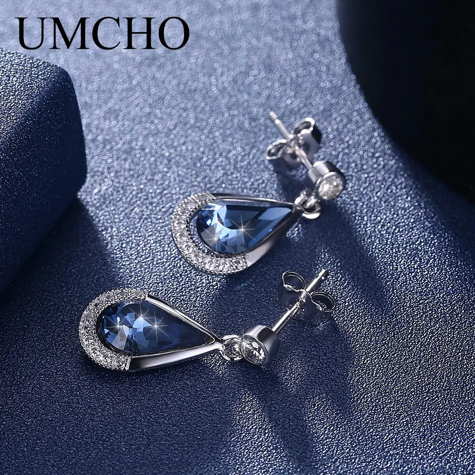 UMCHO Modrá Reálne 925 Sterling Silver Náušnice Drahokam Vytvorené Nano Crystal Stud Náušnice Pre Ženy Darček k Narodeninám Jemné Šperky