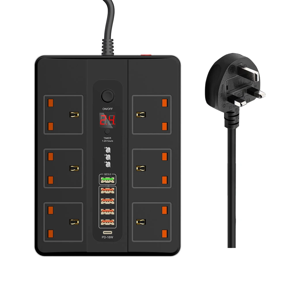 URVNS 2500W Power Strip 6 Zásuvky s QC3.0 PD USB Rýchle Nabíjanie, Elektrické Časovač prepäťovú ochranu UK Plug Predlžovací Kábel Zásuvka