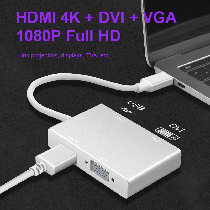 USB 3.1 Rozbočovač USB, C Typ C Na kompatibilný s HDMI VGA DVI USB 3.0 Adapter 4 V 1 Kábel pre Notebook Macbook USB C HUB Rozbočovač