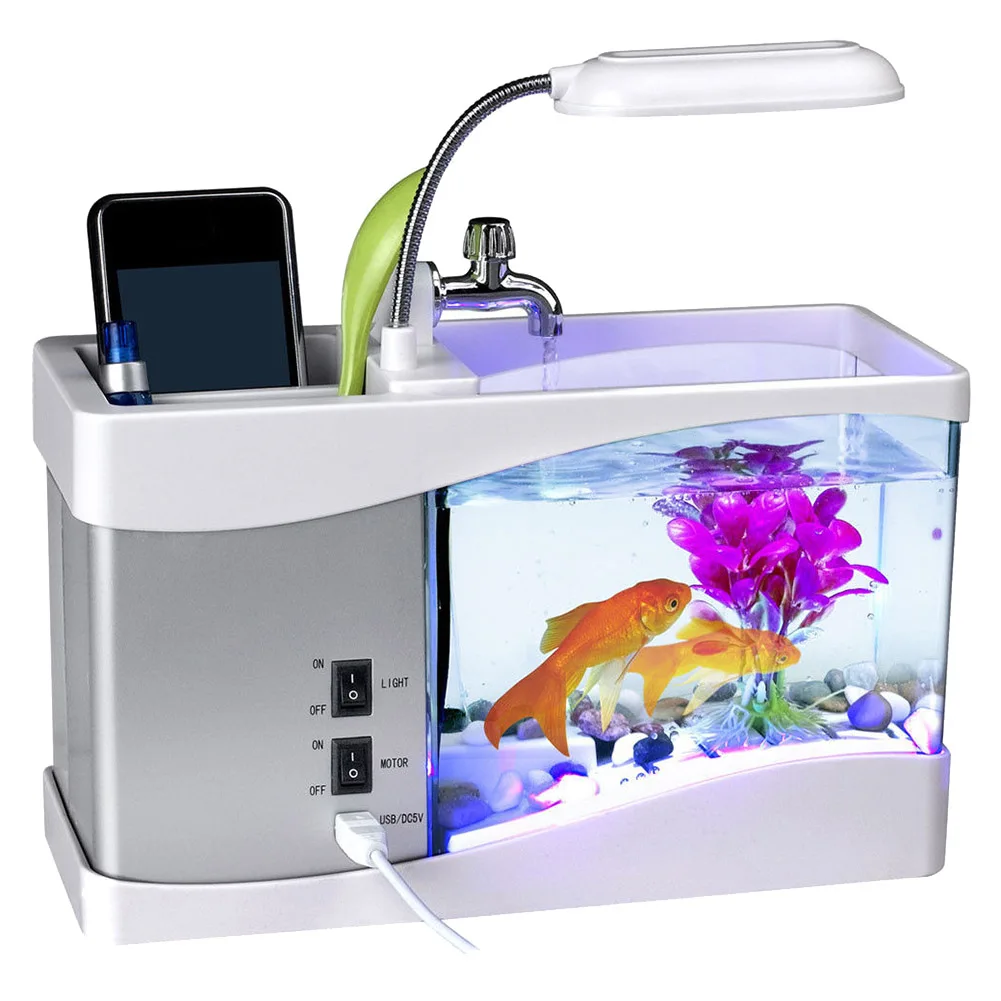 USB Desktop Mini akvárium Akvárium LED Žiarovka Svetla LCD Displej Hodiny pre Domáce Kancelárie BJStore