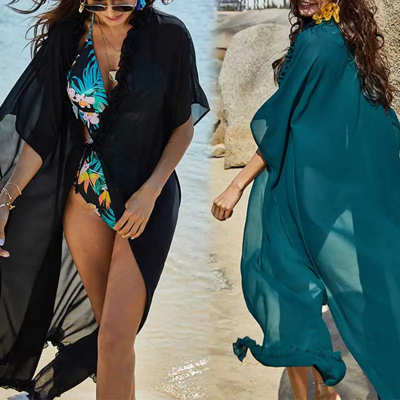 V-X Sexy Bikiny zakryť Ženy Prehrabať Plážové Šaty 2020 Plavky Šifón Plus Veľkosť plavky Dlhé Šaty Kimono Cardigan nové