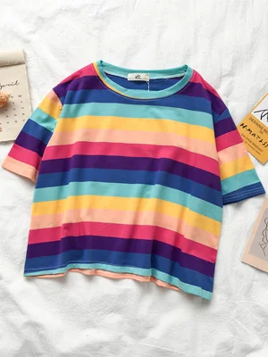 Veselé Celkom kórejský Módne Rainbow Pruhované Tričko Ženy Krátkym Rukávom Letné tričko okolo Krku Sladkých Plodín Topy Čaj Pre Dievčatá