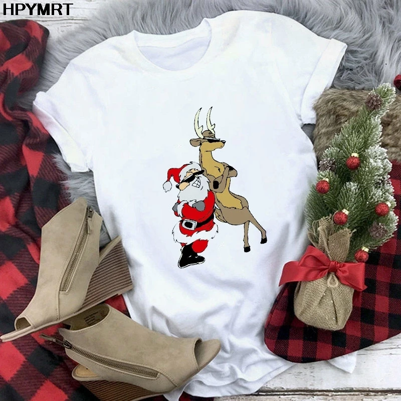 Veselé Vianoce Darček Tričko Ženy Móda Grafické Cute Santa Claus a Sobov Tee Kawaii Tričko Fashion Lumbálna T-shirt Topy