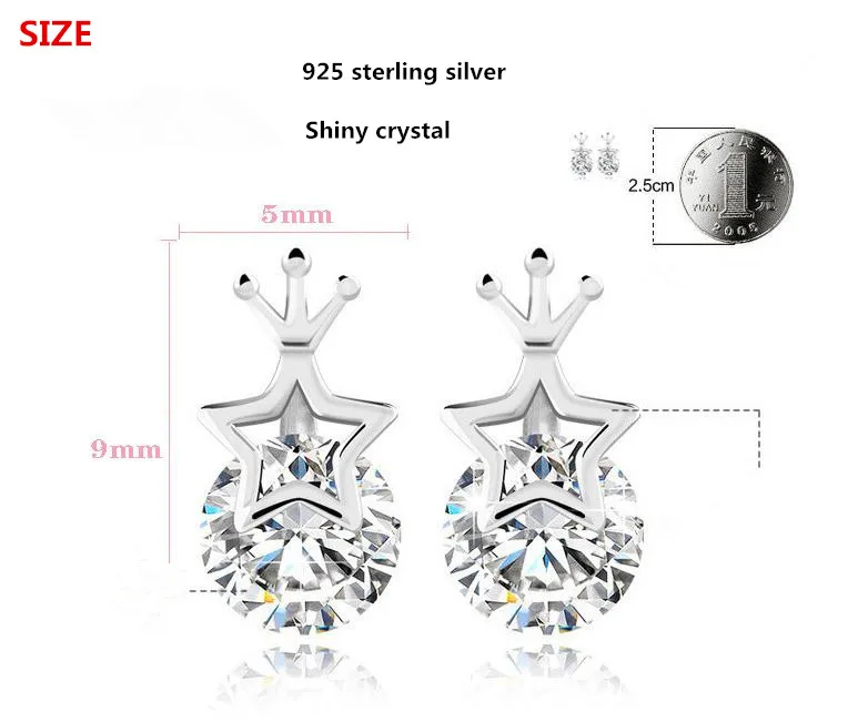 Veľkoobchod 925 sterling silver módne lesklé crystal koruny dámy stud náušnice šperky ženy Anti alergie drop shipping lacné