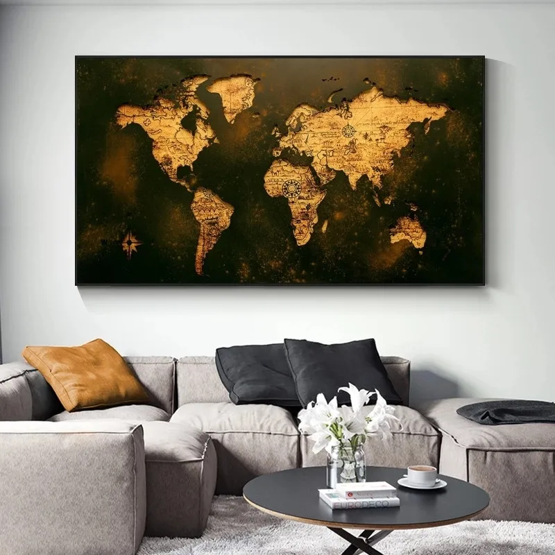 Veľké Retro Mapu Zlaté Mape Sveta Plagát a Tlač Cuadros Plátno na Maľovanie na Stenu Umenia pre Obývacia Izba Domova