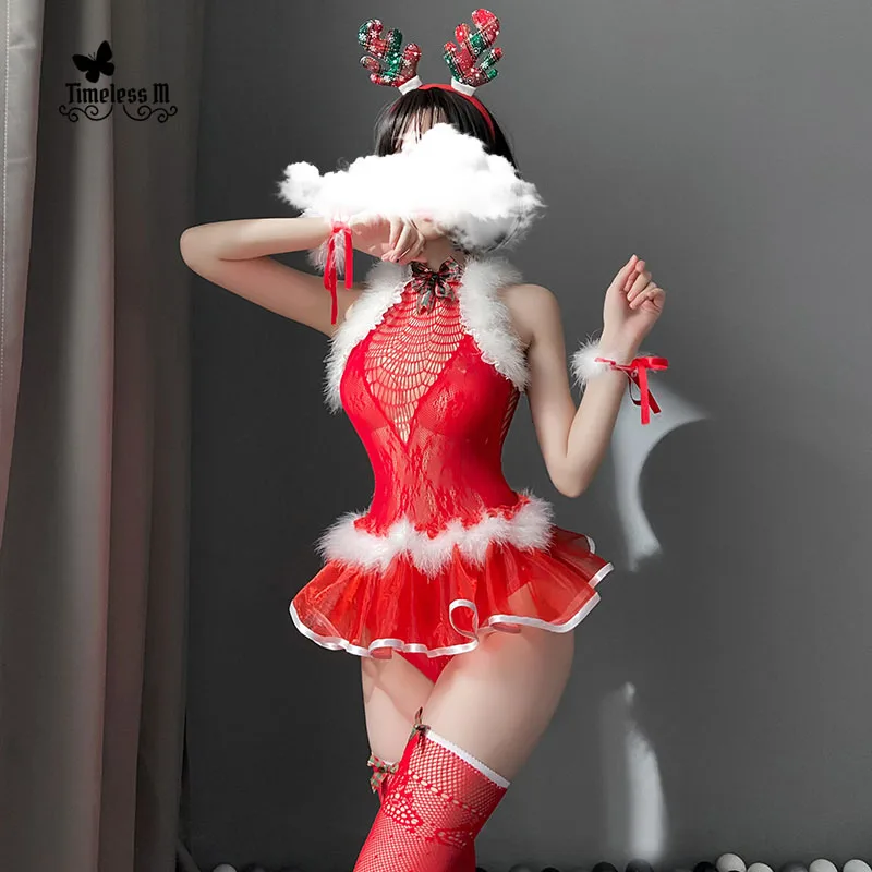 Vianočné Červená Elk Hlavový Most, Cosplay Kostýmy Duté Von Oblečenie Pokušenie Sexy Spodnú Bielizeň Čipky Plyšové Sieťovina Kombinézu Uniforme