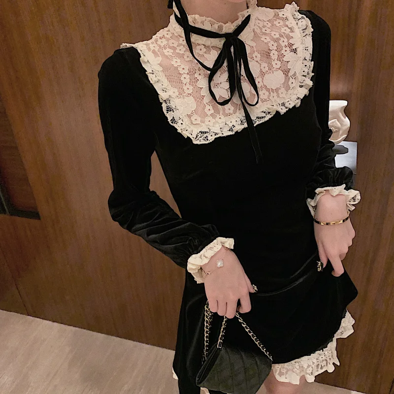 Vintage Zamatové Čierne Šaty Žien Jeseň Zima Dlhý Rukáv Čipky Paletu Mini Ženské Šaty Plus Veľkosť Šaty Vestidos