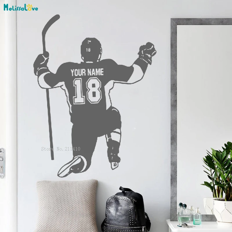 Vinyl Stenu Home Decor Art Nálepky Hokej PlayerSport Vlastné Meno a Číslo Chlapci Izba Vymeniteľné nástenné Maľby Nový Dizajn YT2475