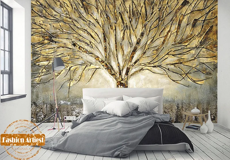 Vlastné 3d ťažké kovové tapety nástenná maľba plastický zlatý strom života maľovanie office gauč tv mens spálne, obývacia izba, reštaurácia, kaviareň
