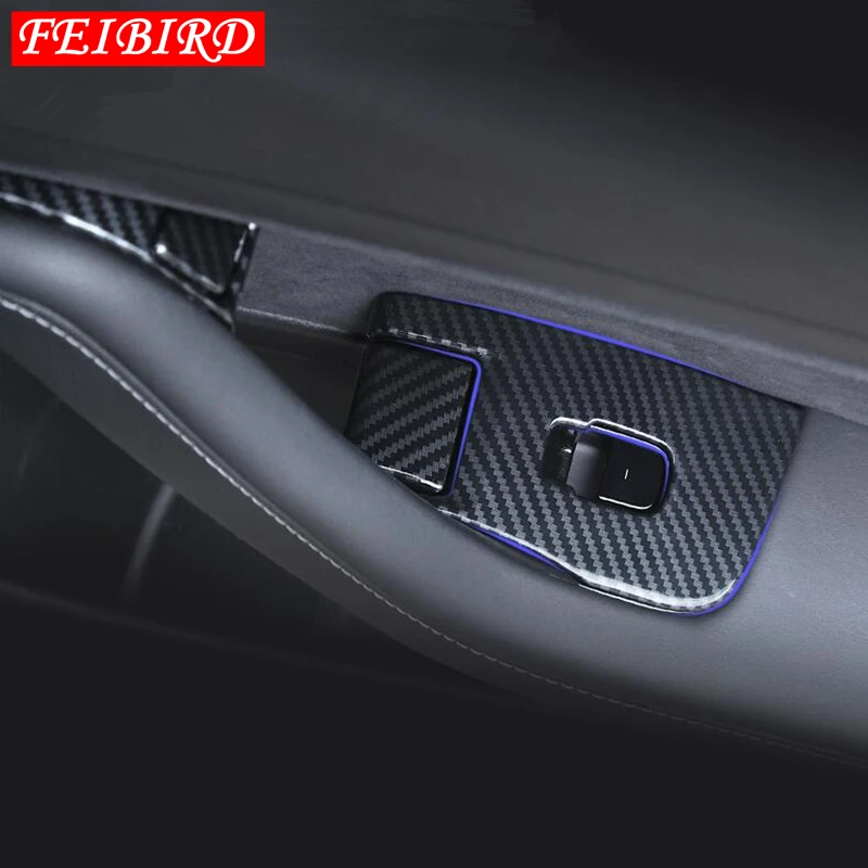Vnútorné Dvere Opierkou Okno Výťah Tlačidlo Panel Kryt Výbava ABS Interiérové Lišty vhodné Pre Tesla Model 3 2018 2019 / Carbon Fiber ABS