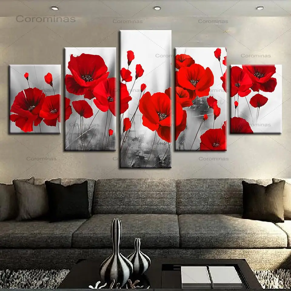 Vytlačené Plátno Obrázky Steny V Obývacej Izbe Umenie Frameless 5 Kusov Romantický Maku Obrazy Červené Kvety Plagát Modulárny Domova