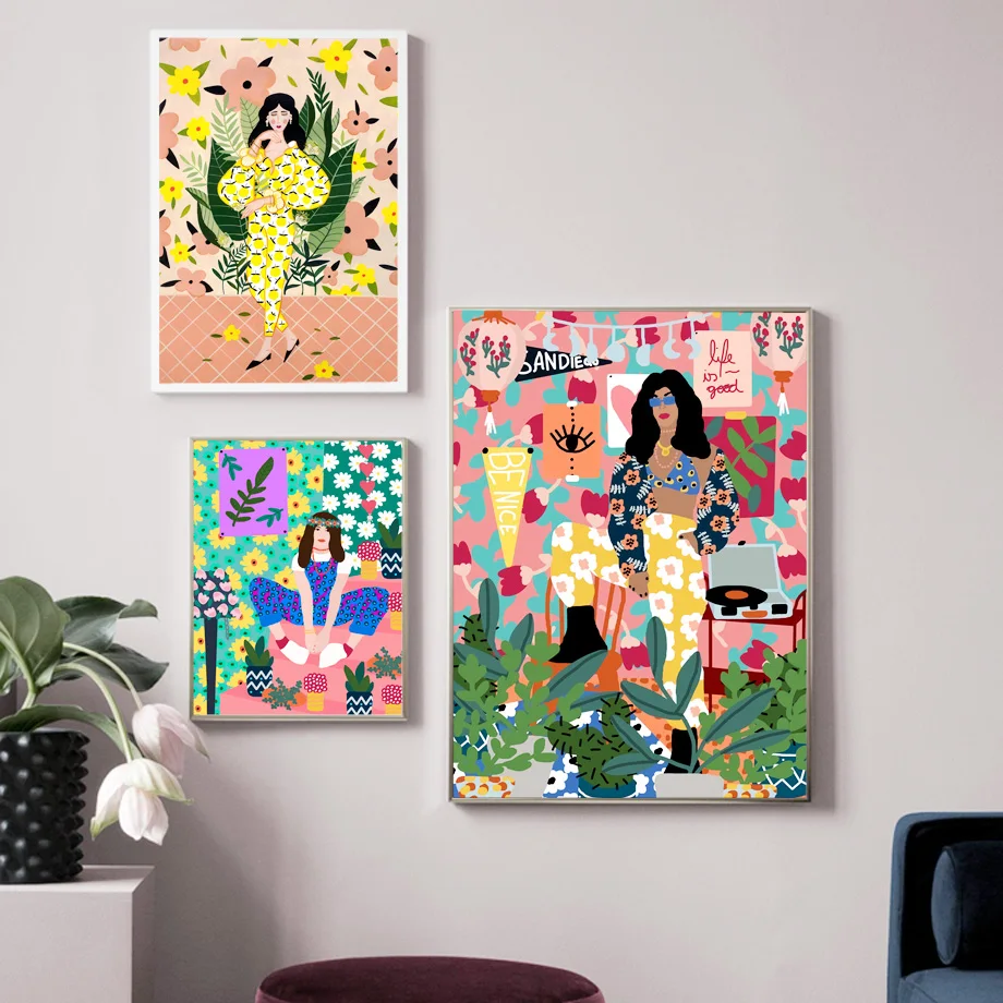 Wall Art Plátno Na Maľovanie Abstraktné Boho Žena Farebné Kvety Nordic Plagáty A Vytlačí Dievča Obrazov Na Stenu Pre Obývacia Izba Dekor